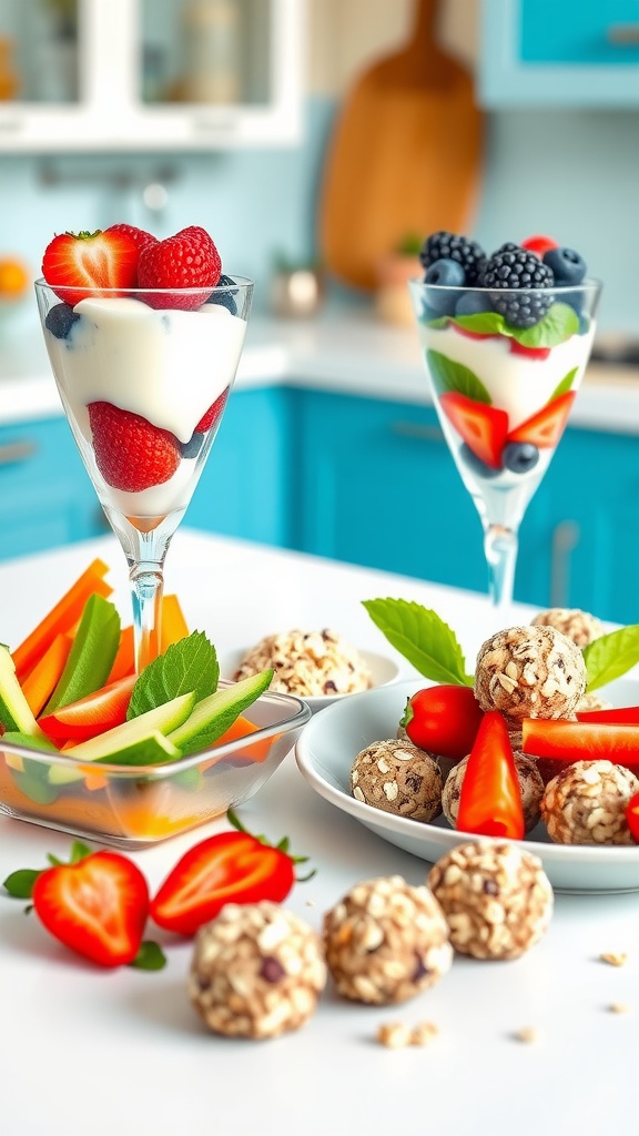 An assortment of healthy snacks including yogurt, veggies with hummus, and energy balls on a kitchen countertop.